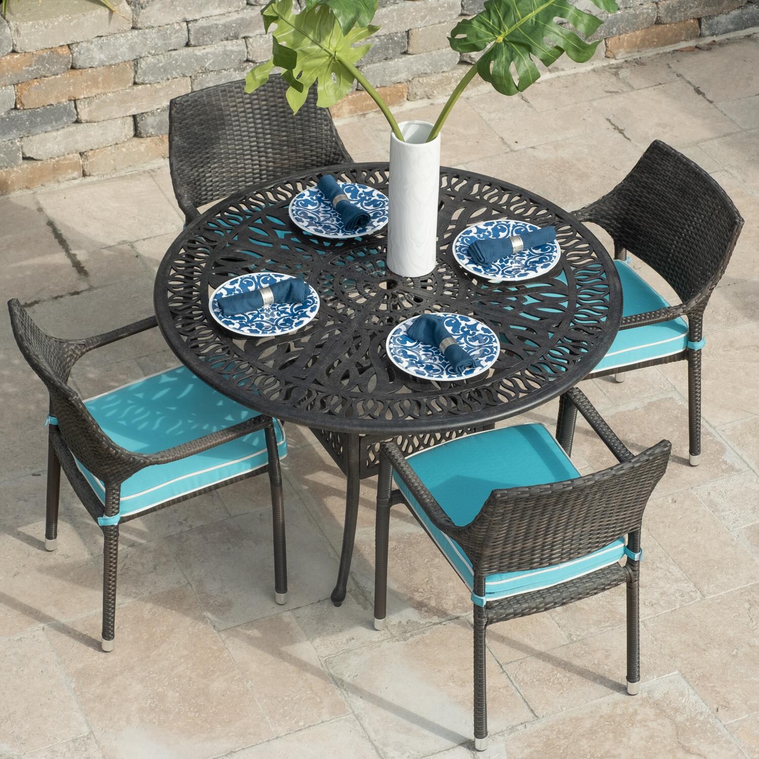 Gentilly 5 Piece Wicker Patio Dining Set W/ 48 Inch Round Dining Table & Sunbrella Canvas Aruba Cushions thumbnail