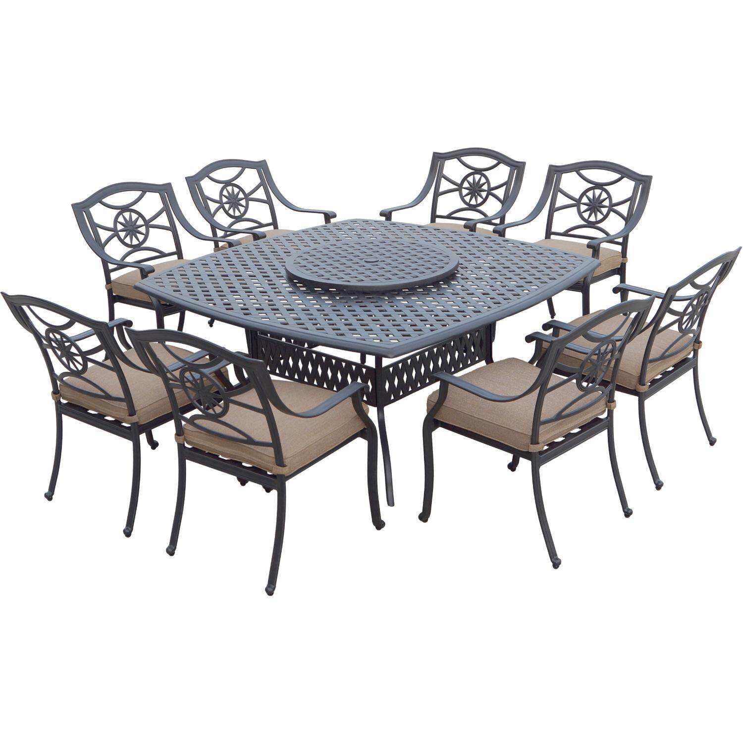 Ten Star 11 Pc Cast Aluminum Dining Set w/ 64 Inch Square Series 30 Table & Lazy Susan in Antique Bronze/Sesame by Darlee