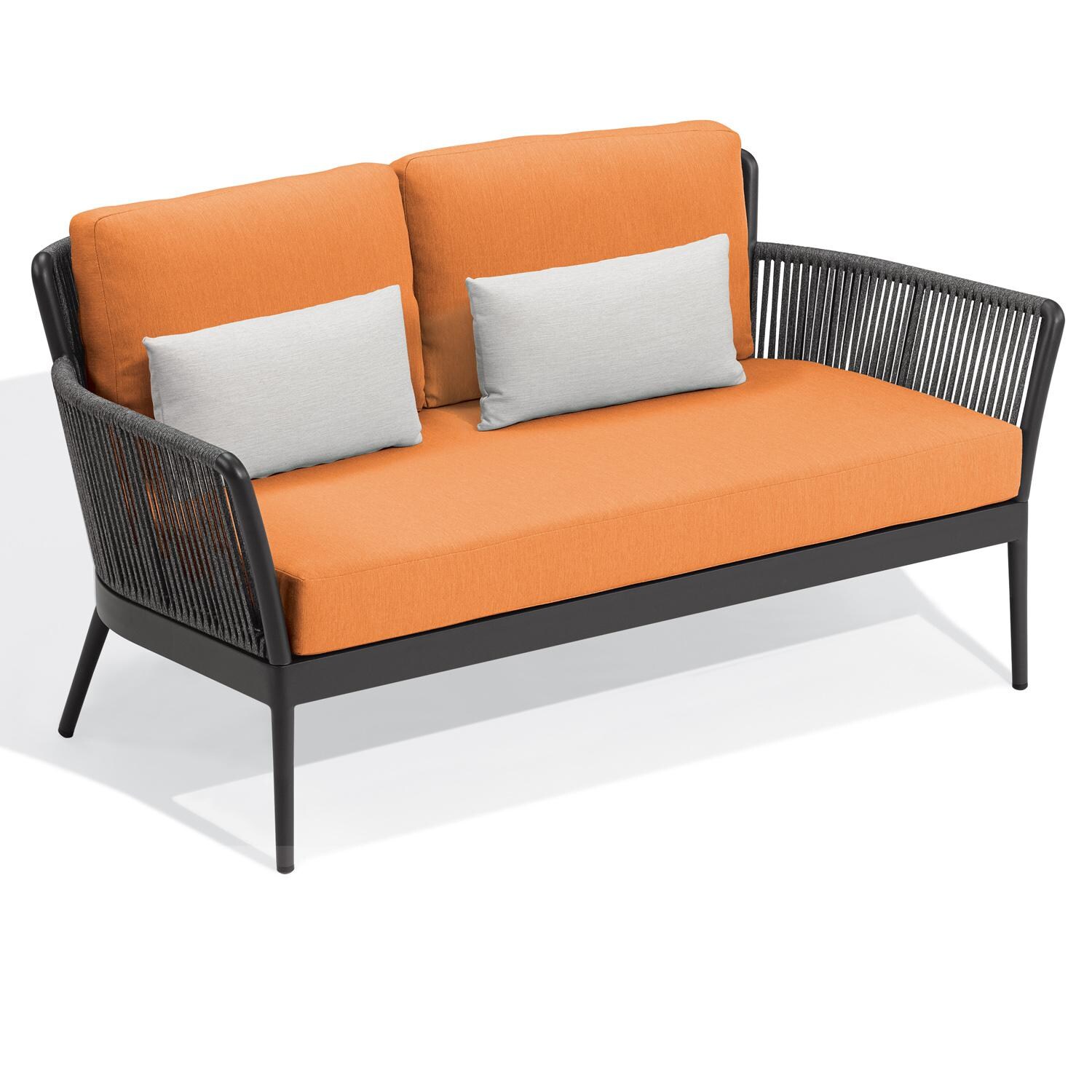 Oxford Garden Nette 2 Person Olefin Rope & Aluminum Loveseat W/ Salt Lumbar Pillow in Carbon/Tangerine - Front View thumbnail