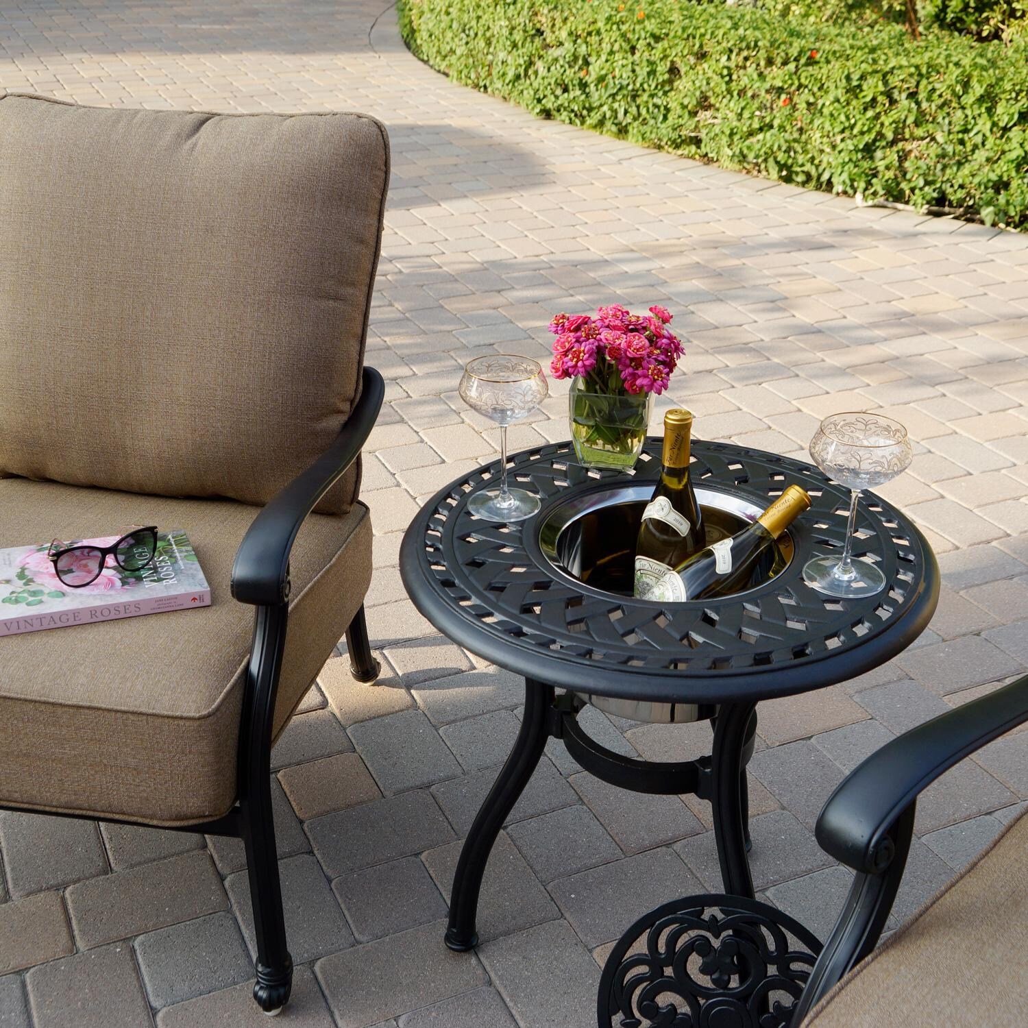 Darlee Madison 3 Piece Cast Aluminum Patio Conversation Set W/ 24-Inch Round Ice Bucket End Table & Sesame Cushions - Lifestyle - Ice Bucket In Use thumbnail