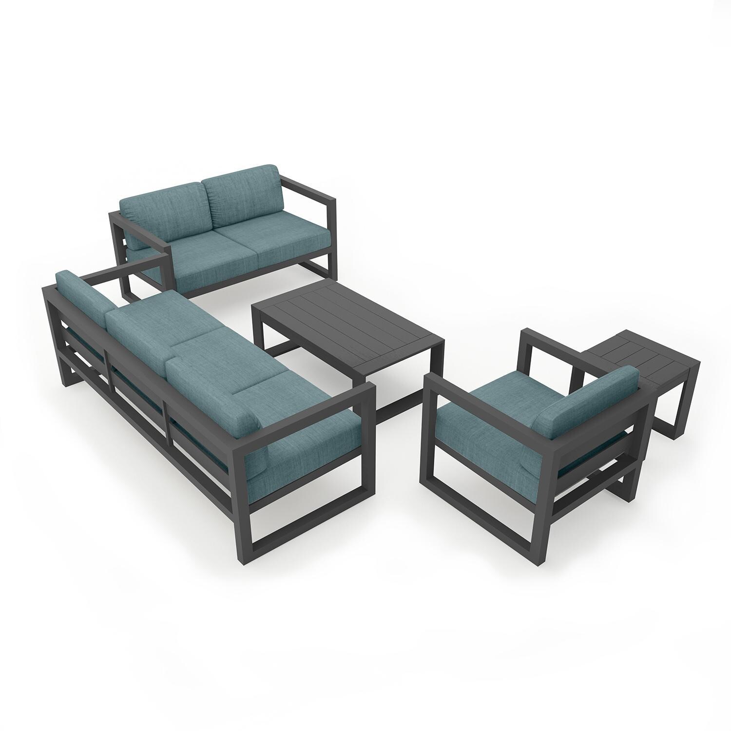 Misty Cove 5 Piece Seating Set in Slate w/Portal Coffee Table & Cast Lagoon Cushions by Lakeview - Complete Set - White Background thumbnail