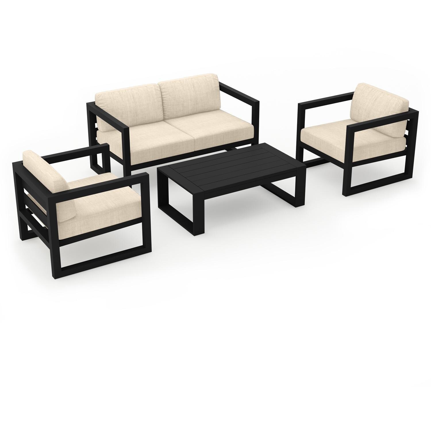 Lakeview MSTYMAS-BK-4SS-CF Misty Cove 4 Pc Aluminum Seating Set in Black w/Loveseat & Canvas Flax Cushions by Lakeview Outdoor Designs - Set Angled - White Background thumbnail