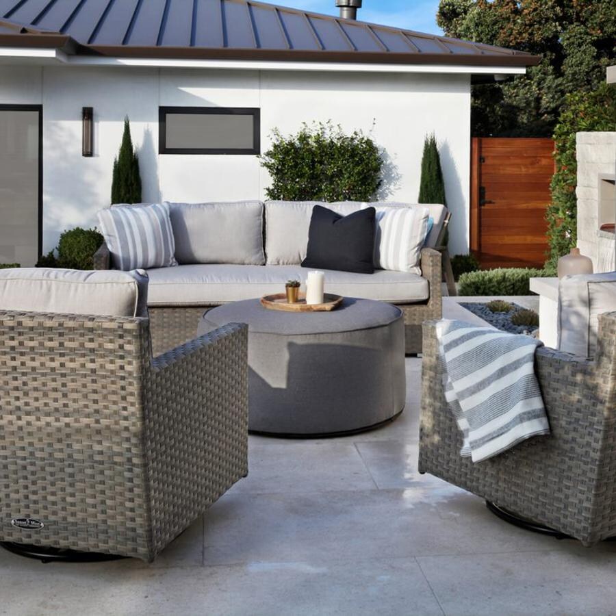 Sunset West Majorca 4 Piece Resin Wicker Patio Conversation Set W/ Pouf Coffee Table & Cast Silver Cushions