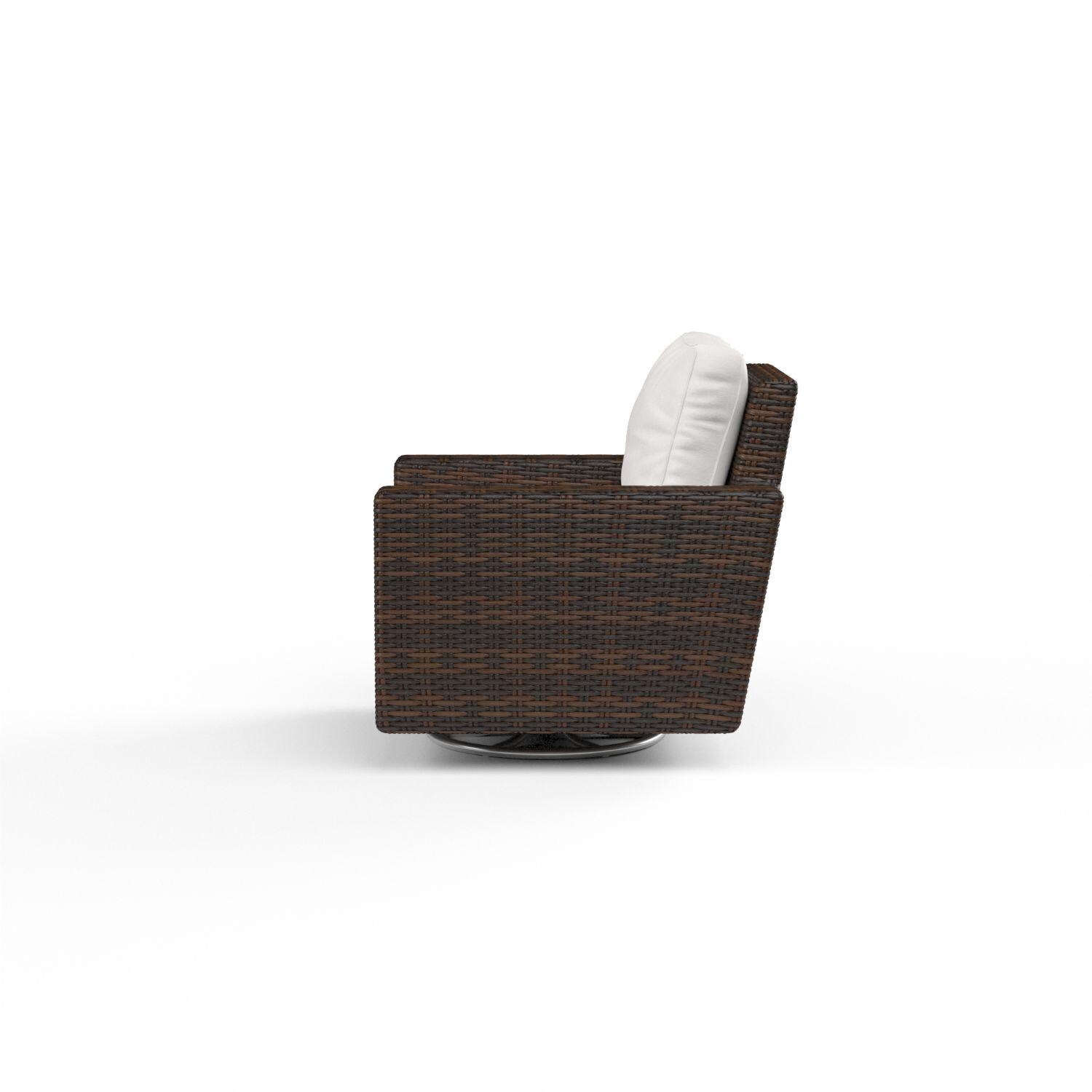 Montecito Wicker Patio Swivel Rocker Club Chair W/ Sunbrella Canvas Flax Cushions By Sunset West - Side View - White Background thumbnail