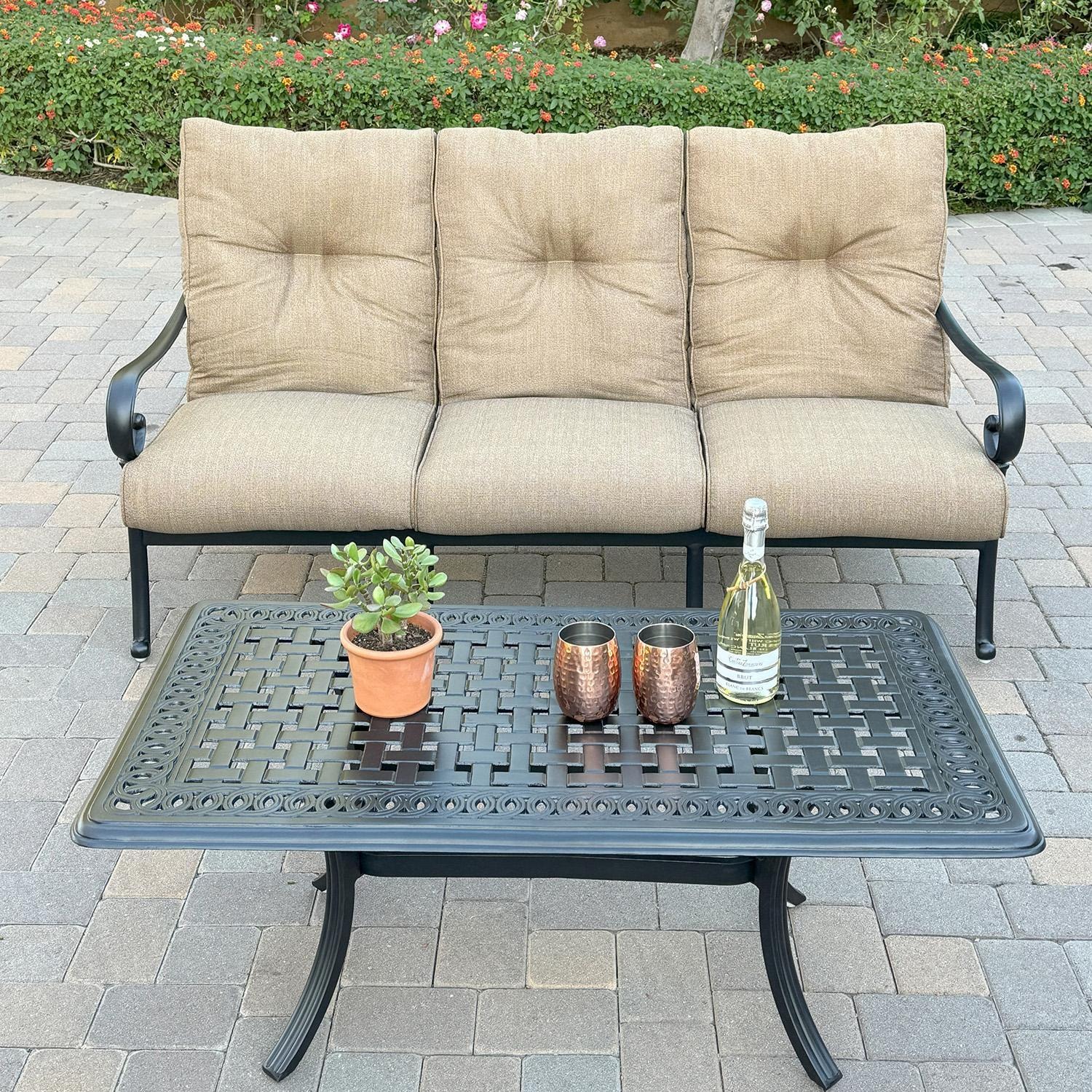 Santa Anita 2 Pc Cast Aluminum Seating Set w/ 48 X 26-in Series 88 Table in Antique Bronze/Heather Beige Sunbrella by Darlee