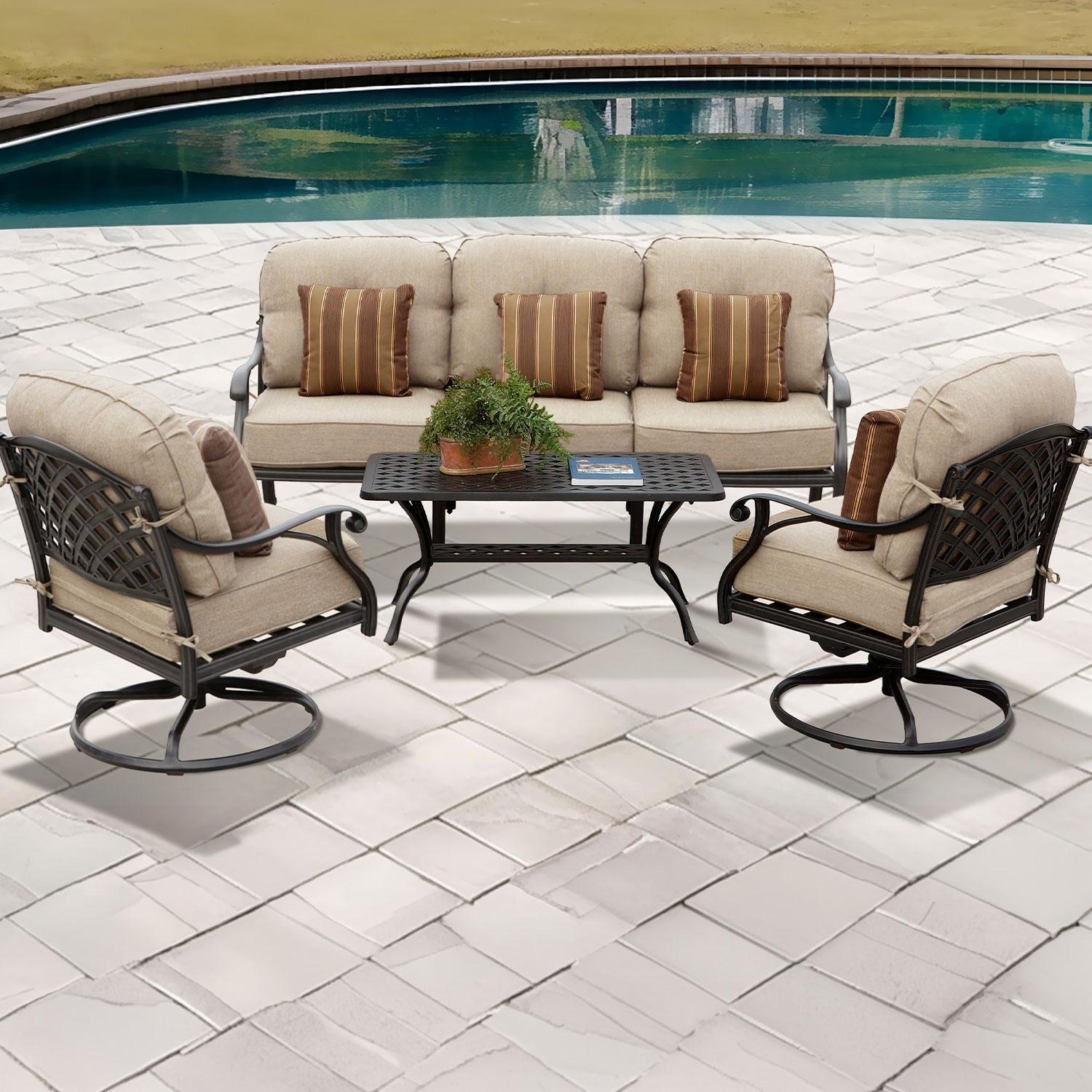 Darlee Nassau 4 Pc Cast Aluminum Seating Set w/ 42 X 21 Inch Table w/ Swivel Rockers & Throw Pillows in Antique Bronze/Beige Canvas by