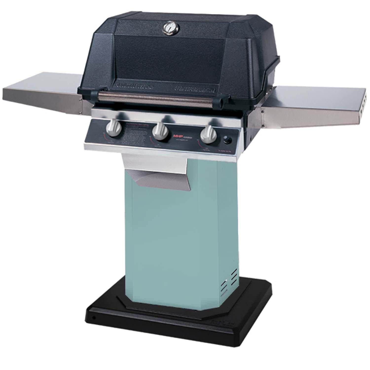 MHP W3G Propane Gas Grill w/ SearMagic Grids on Aqua Fire Grill Column & Permanent Base