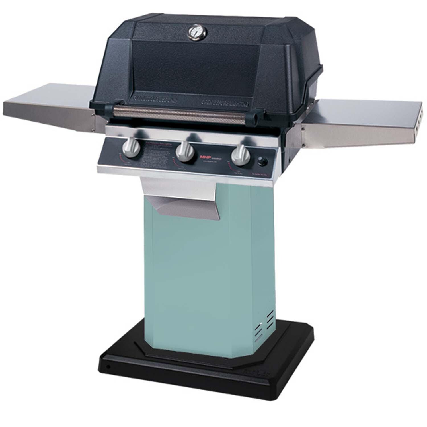 MHP W3G Propane Gas Grill w/ SearMagic Grids on Aqua Fire Grill Column & Permanent Base