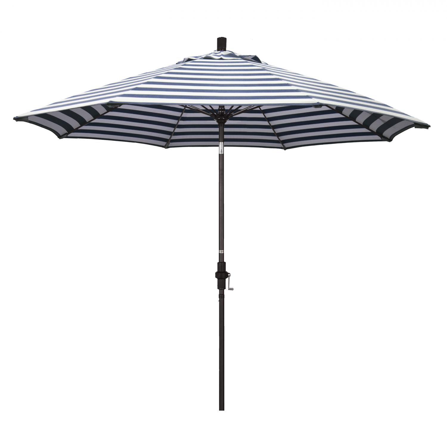 California Umbrella Sun Master Series 9 Ft Octagonal Aluminum Collar Tilt Patio Umbrella W/ Crank Lift & Fiberglass Ribs - Bronze Frame / Olefin Navy White Cabana Stripe Canopy