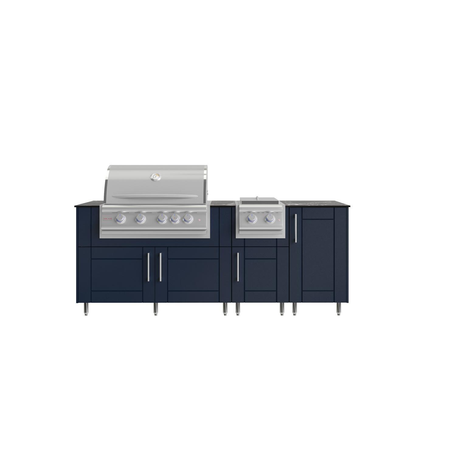 WeatherStrong Abaco 7 Ft Outdoor Kitchen Island w/ Blaze Natural Gas Grill & Side Burner in Sapphire Blue/Midnight Ice - Island - White Background thumbnail