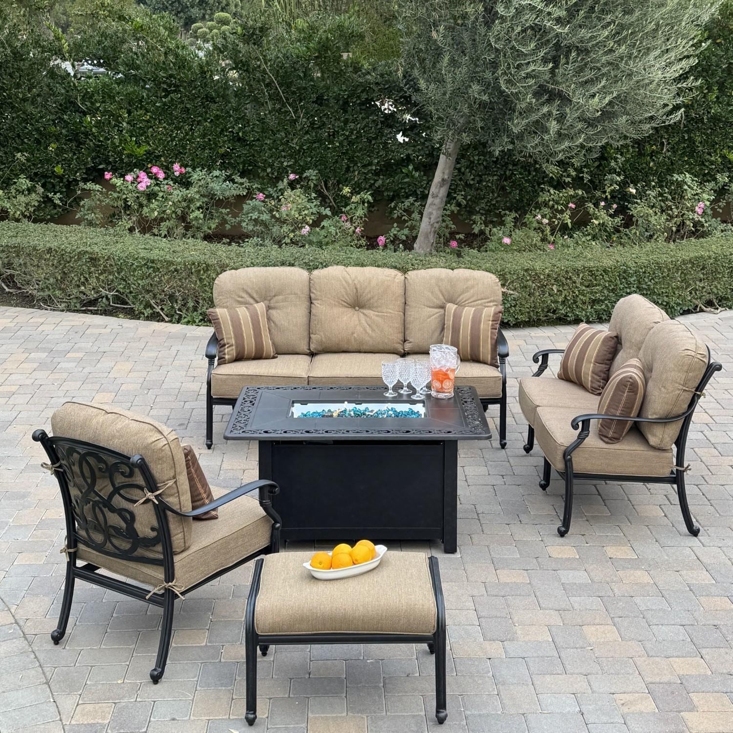 Darlee Santa Monica 4 Pc Cast Aluminum Fire Pit Seating Set w/ Club Chair, Sofa, Loveseat, and Ottoman in Antique Bronze/Beige Canvas by