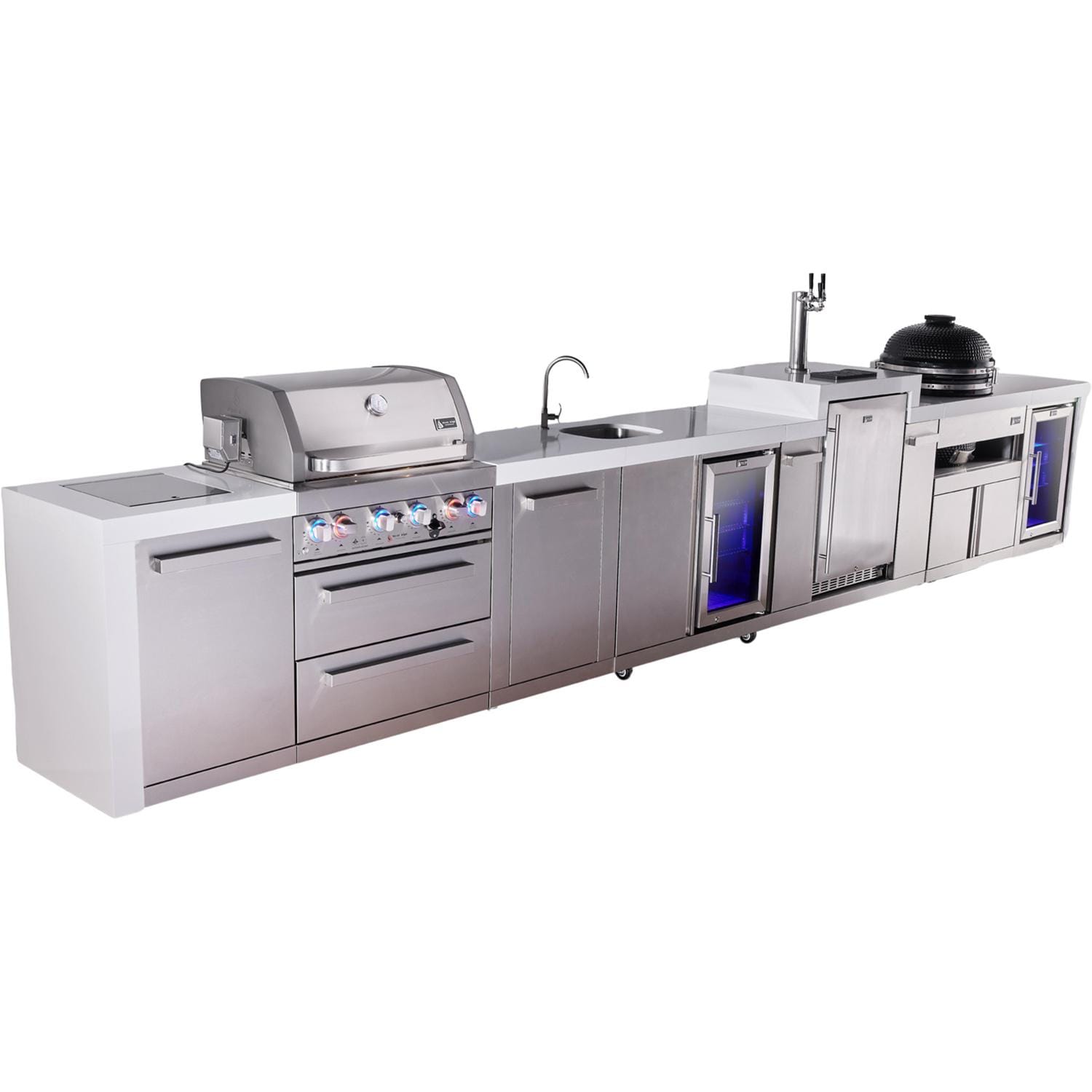 Mont Alpi Deluxe Series 19 Ft Natural Gas Outdoor Kitchen Island w/ 32-in Grill, Side Burner, Beverage Center, Kegerator, Fridge, Kamado Module & Extra Door (Ships Propane w/ Conversion Kit) - Angled Left - White Background thumbnail