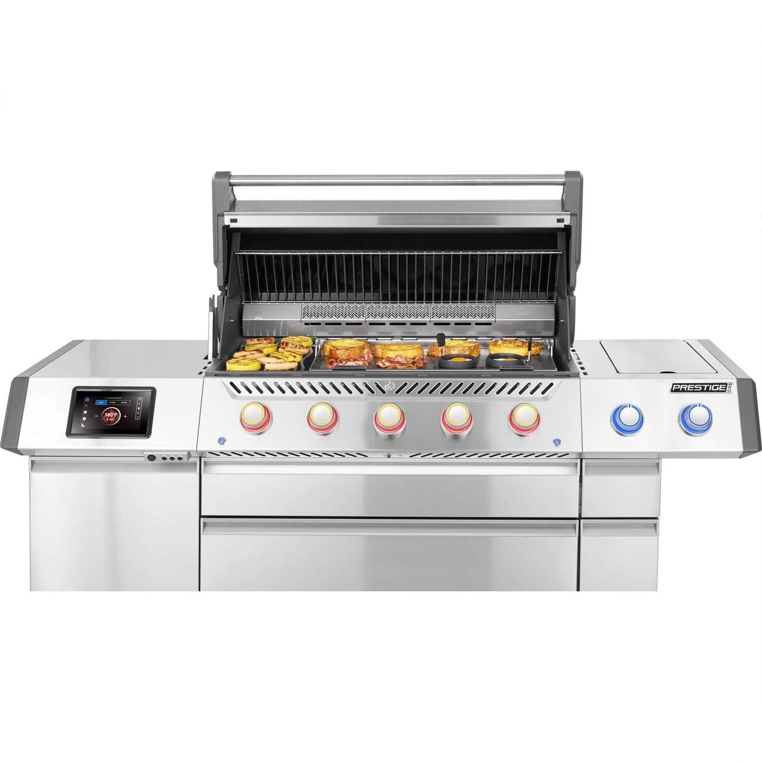 Napoleon PRO665VXRSIBPSS Prestige PRO 665 Elite 5 Burner Propane Grill w/ Smart Technology & Electric Smoker Box - w/ Food - Front View - White Background thumbnail