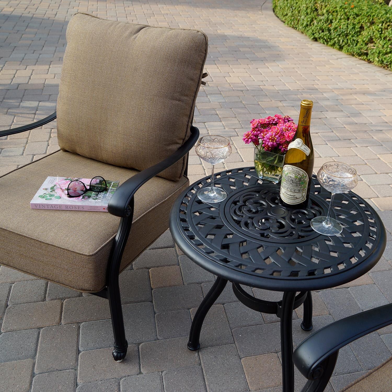 Darlee Series 60 Patio End Table With Ice Bucket Insert in Antique Bronze - Shown w/ Chair (Not Included) - Lifestyle thumbnail