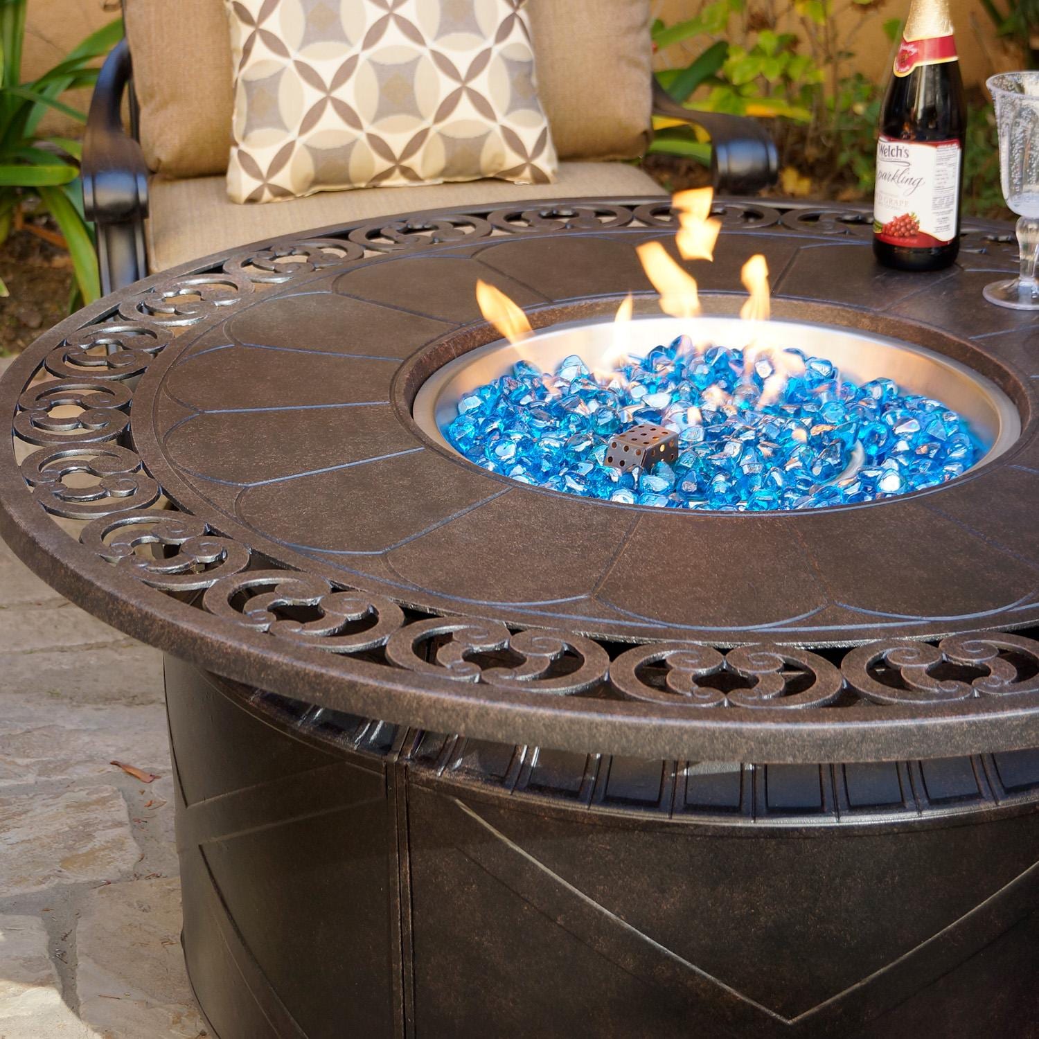 Darlee Elisabeth 6 Pc Cast Aluminum Fire Pit Sofa Seating Set w/ 47 Inch Table & Throw Pillows in Antique Bronze/Beige - Fire Pit - Lifestyle thumbnail