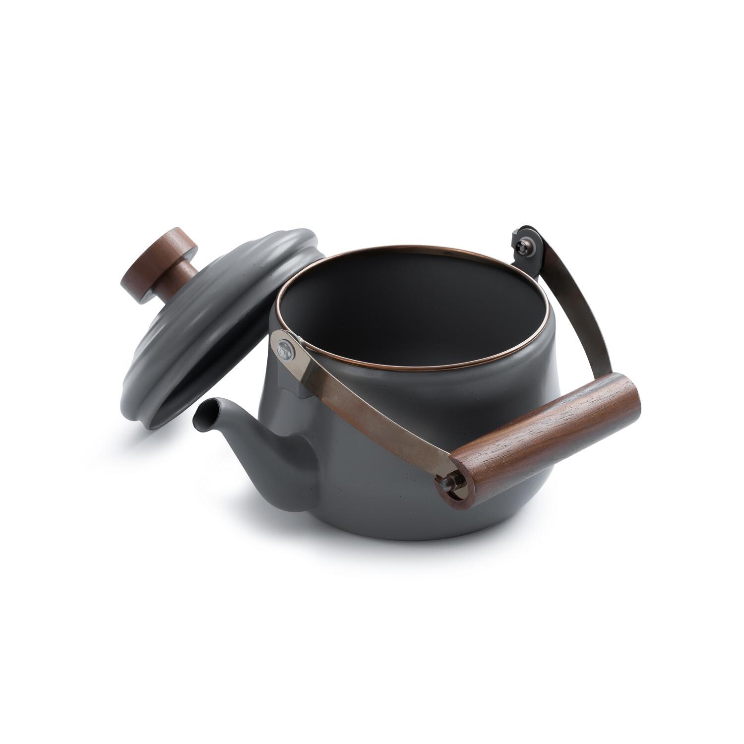 Barebones Living CKW-379 Enamel Teapot - Slate Gray - Shown With Lid Off thumbnail