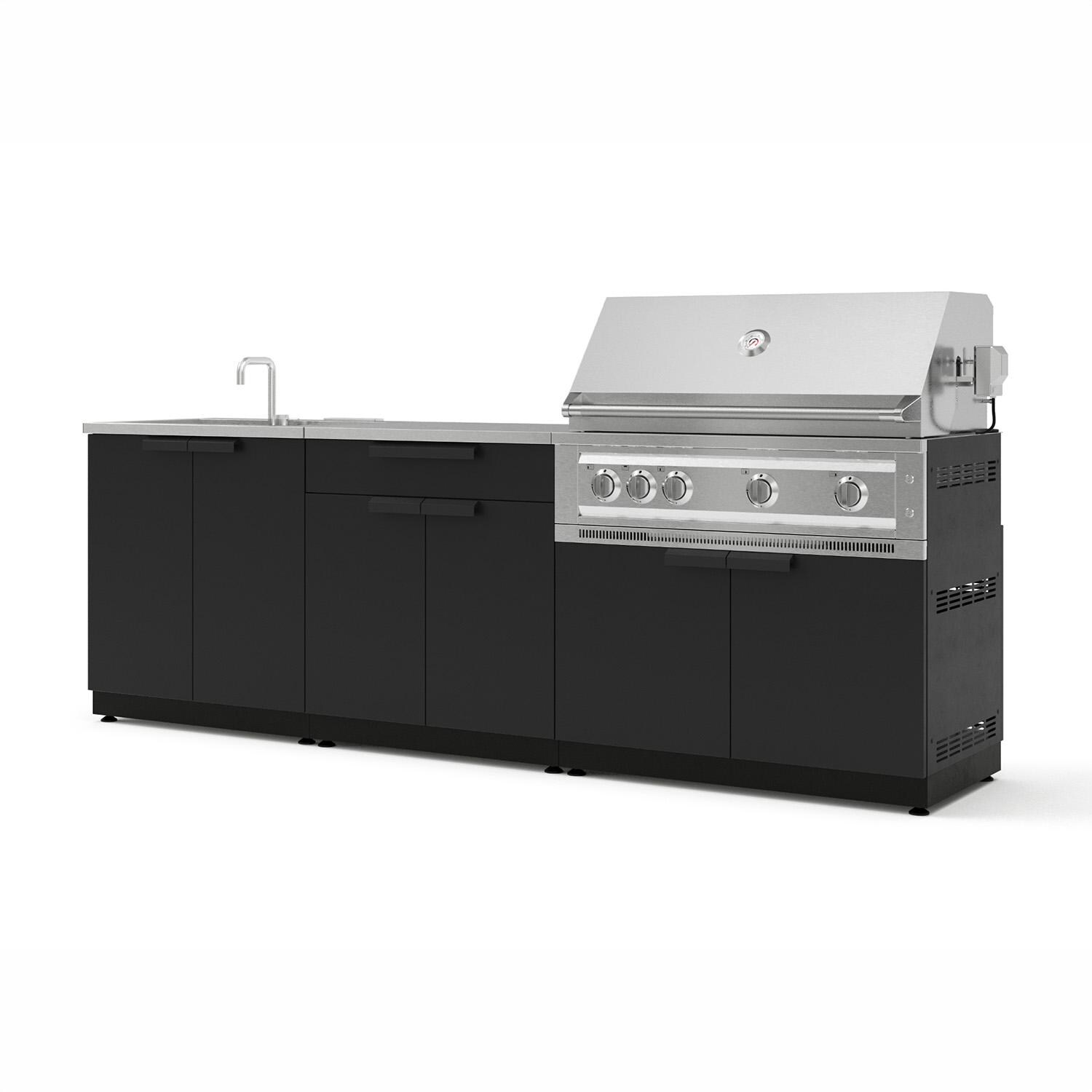NewAge Products Classic Series 8 1/2 Ft Outdoor Kitchen Island w/ 40-in Propane Grill, Sink, Trash Bin, Door & Drawer in Matte Black/Stainless Steel