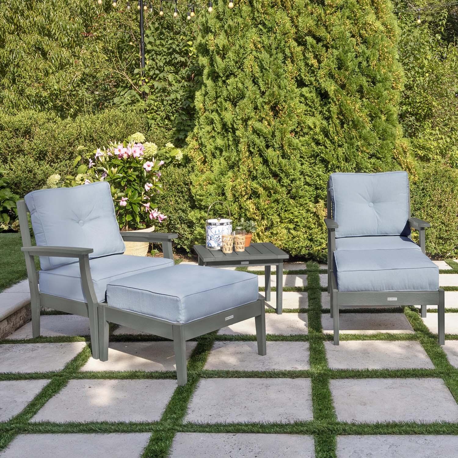 Blushing Bay 5 Pc Recycled Plastic Seating Set in Bliss Dew/Coastal Teak by Lakeview Outdoor Designs - Left Angled - Lifestyle thumbnail