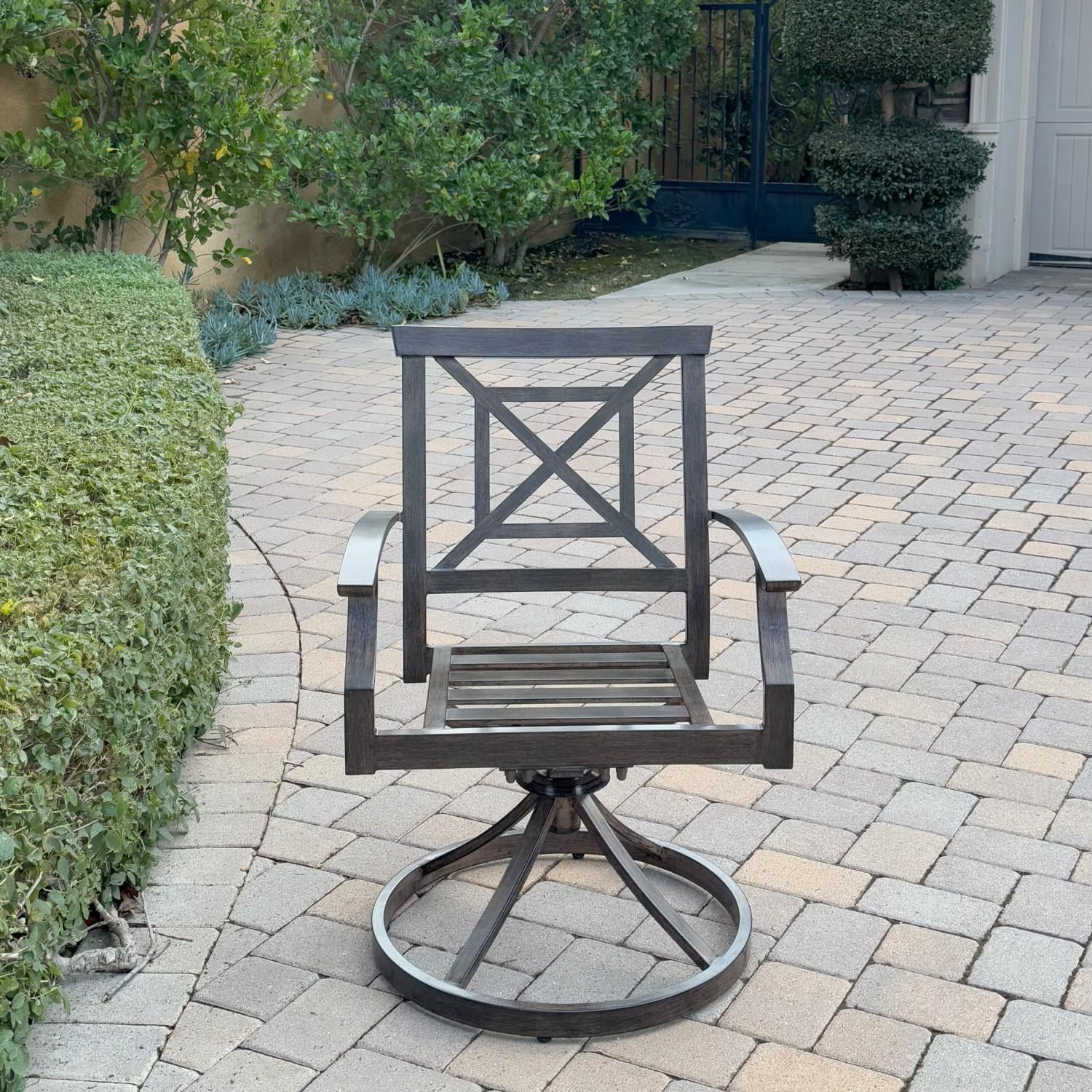 Atlantis 4 Pc Aluminum Dining Arm Chair Set in Walnut/Beige by Darlee - Chair Front w/o Cushion - Lifestyle thumbnail