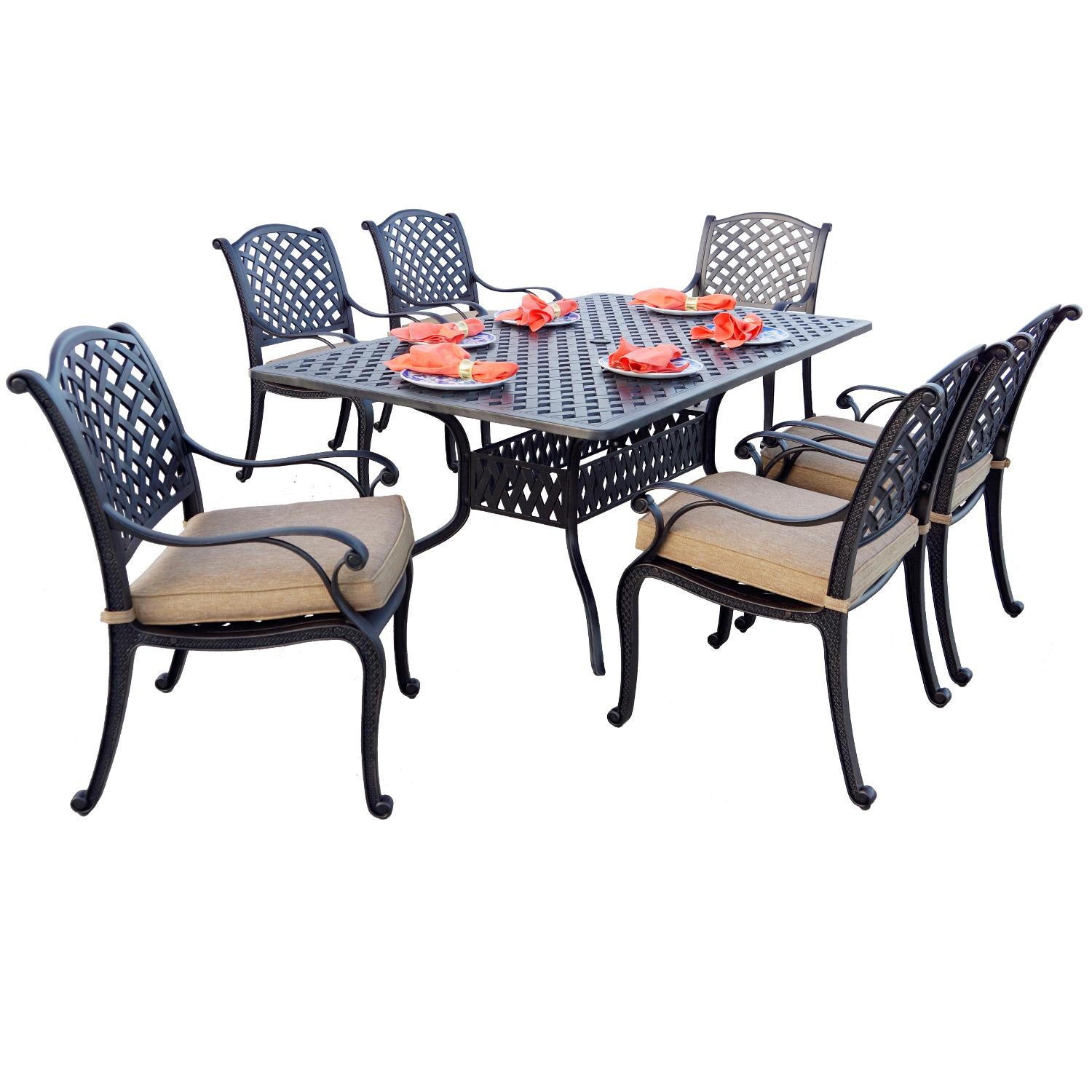 Nassau 7 Pc Cast Aluminum Dining Set w/ 72 X 42 Inch Series 30 Table in Antique Bronze/Sesame by Darlee