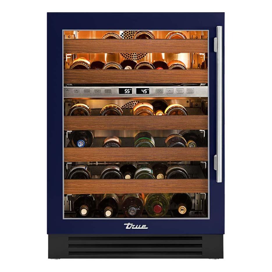 True TWC-24DZ-L-OG-C~DSK-078-H04 24 Inch 45 Bottle Left Hinge Glass Door Outdoor Dual Zone Wine Cabinet - Cobalt w/ Stainless Steel Handle - White Background thumbnail