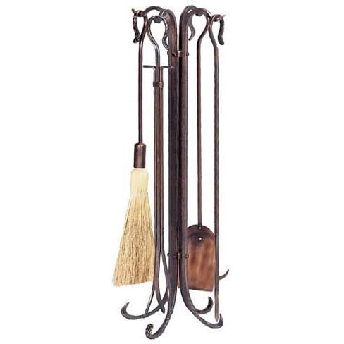 UniFlame 5-Piece Hammered Antique Copper Fireplace Tool Set With Crook Handles - F-1266
