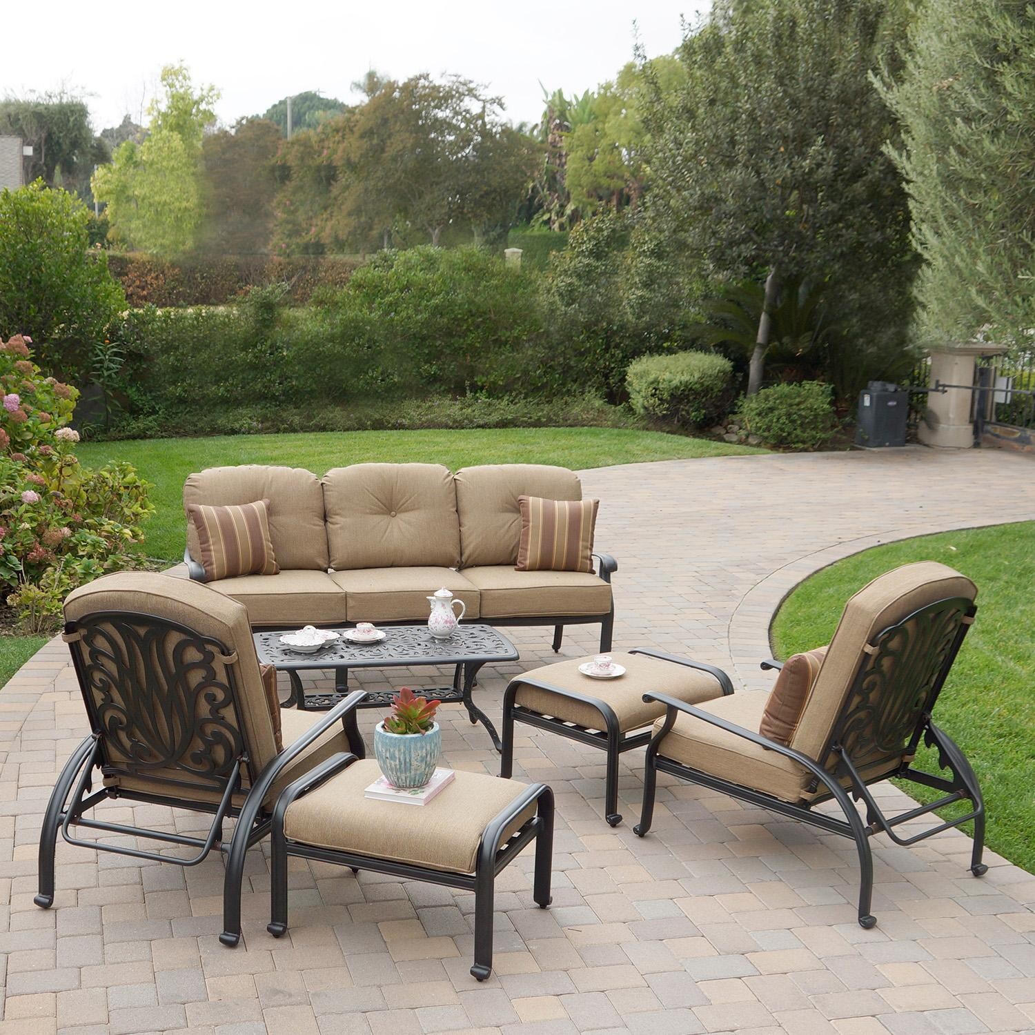 Elisabeth 6 Pc Cast Aluminum Seating Set w/ 42 X 21 Inch Series 80 Table & Throw Pillows in Antique Bronze/Sesame by Darlee