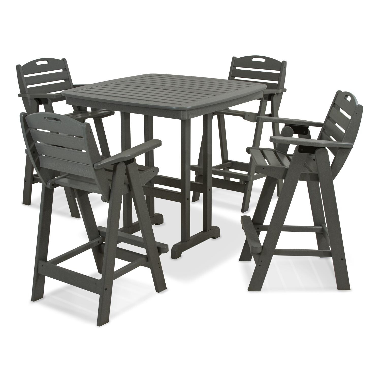 Nautical 5 Piece Slate Gray Recycled Plastic Wood Patio Bar Set W/ 42 Inch Square Table By POLYWOOD image