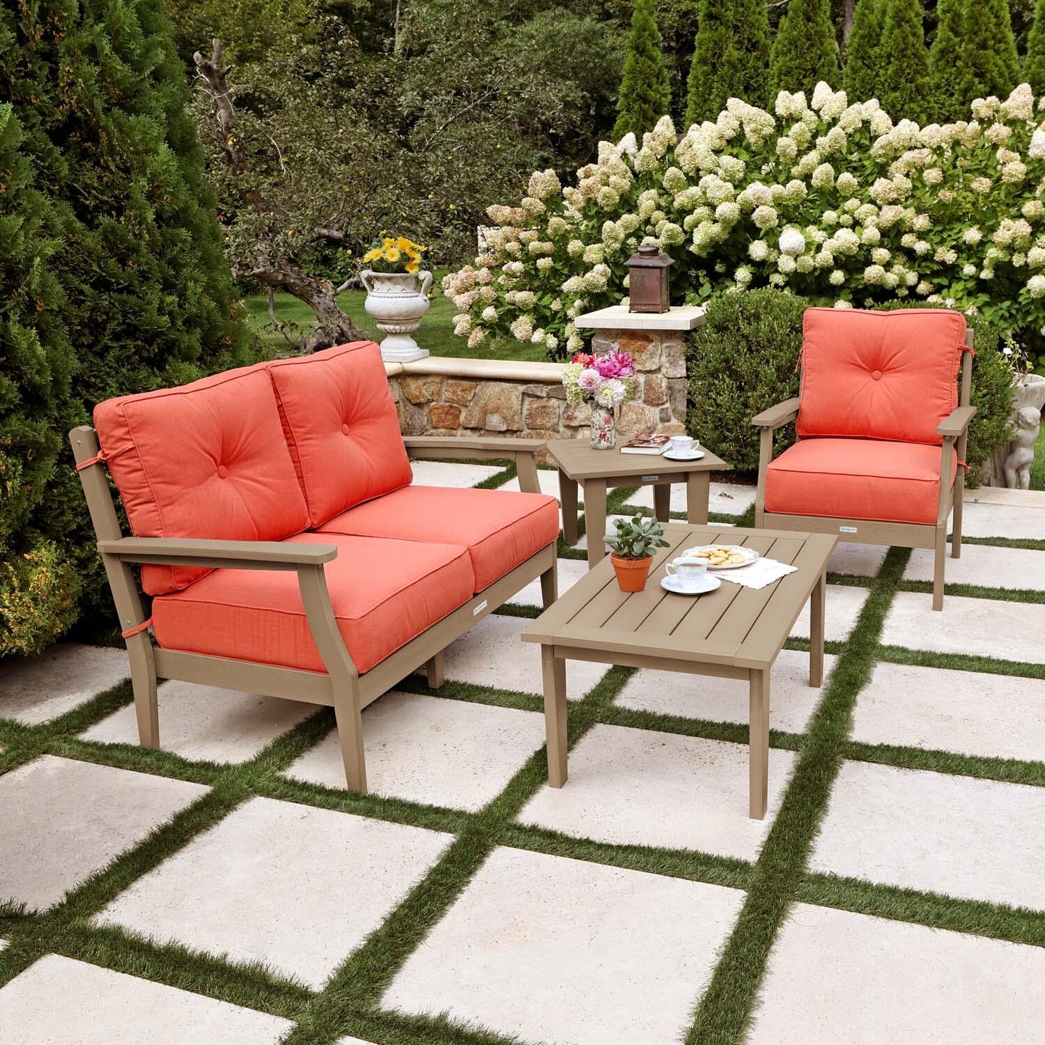 Blushing Bay 4 Pc Recycled Plastic Seating Set in Canvas Persimmon/Woodland Brown by Lakeview Outdoor Designs - Side View - Lifestyle thumbnail