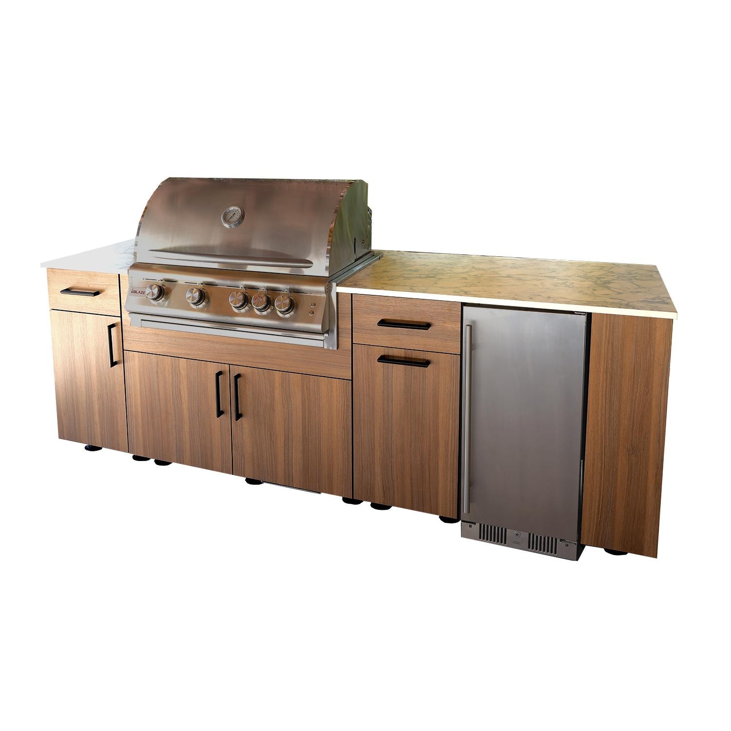 BBQGuys Signature Oasis 8 Ft Outdoor Kitchen Island w/ Blaze Natural Gas Grill & Refrigerator in Noce Havana/Icecap White