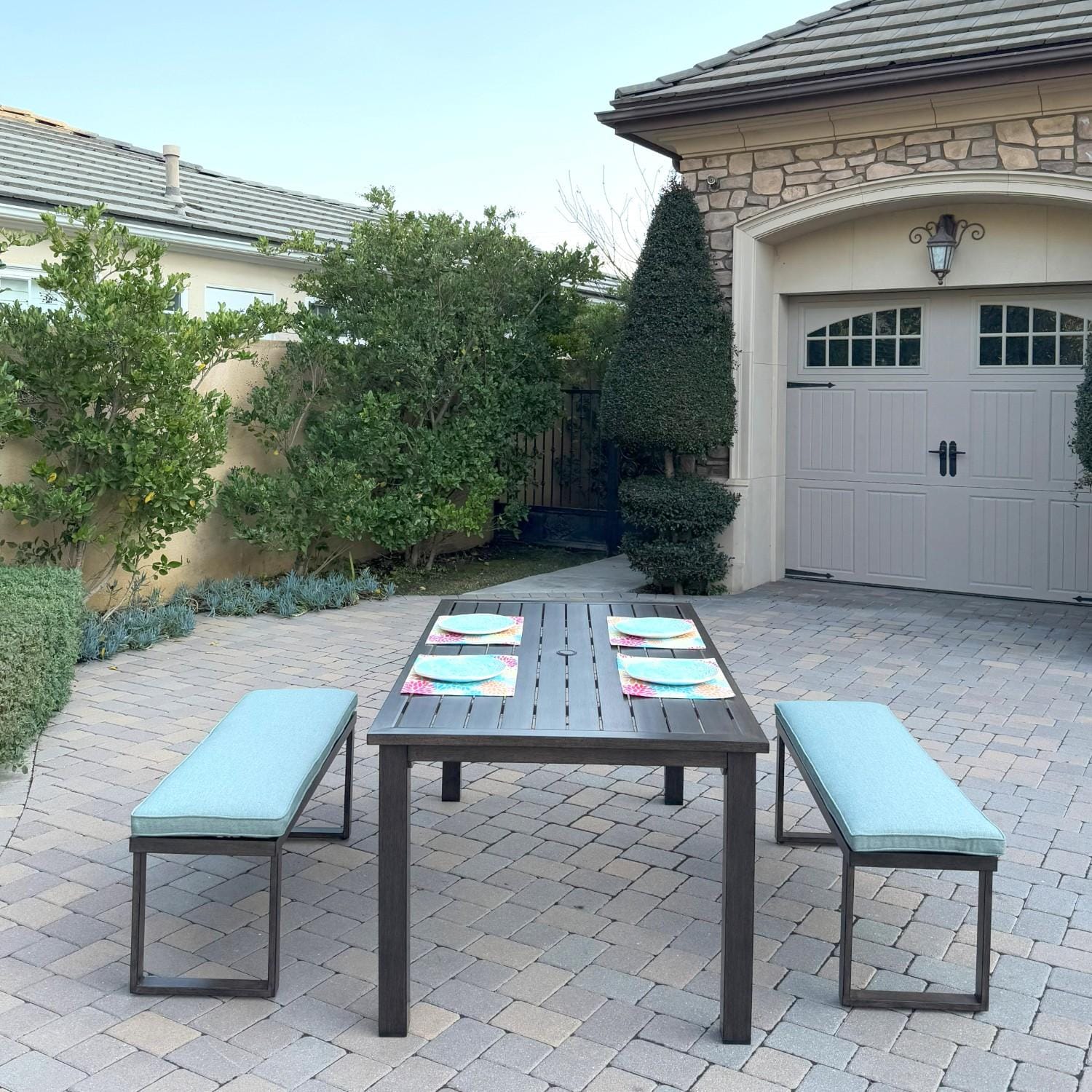 Atlantis 3 Pc Aluminum Dining Set w/ 2 Two Person Benches in Walnut/Spa by Darlee