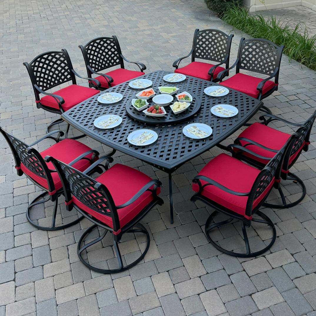Darlee B/DL13-10PCAR-30W3930-R Nassau 10 Pc Cast Aluminum Dining Set in Antique Bronze w/ Red Cushions - Set - Lifestyle thumbnail