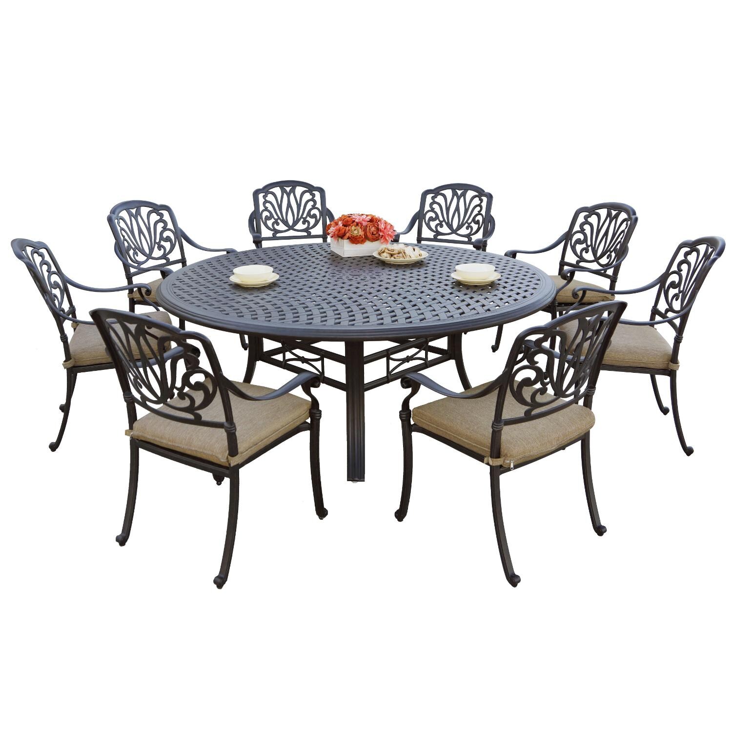 Elisabeth 9 Piece Cast Aluminum Patio Dining Set W/ 71 Inch Round Table & Sesame Cushions By Darlee thumbnail