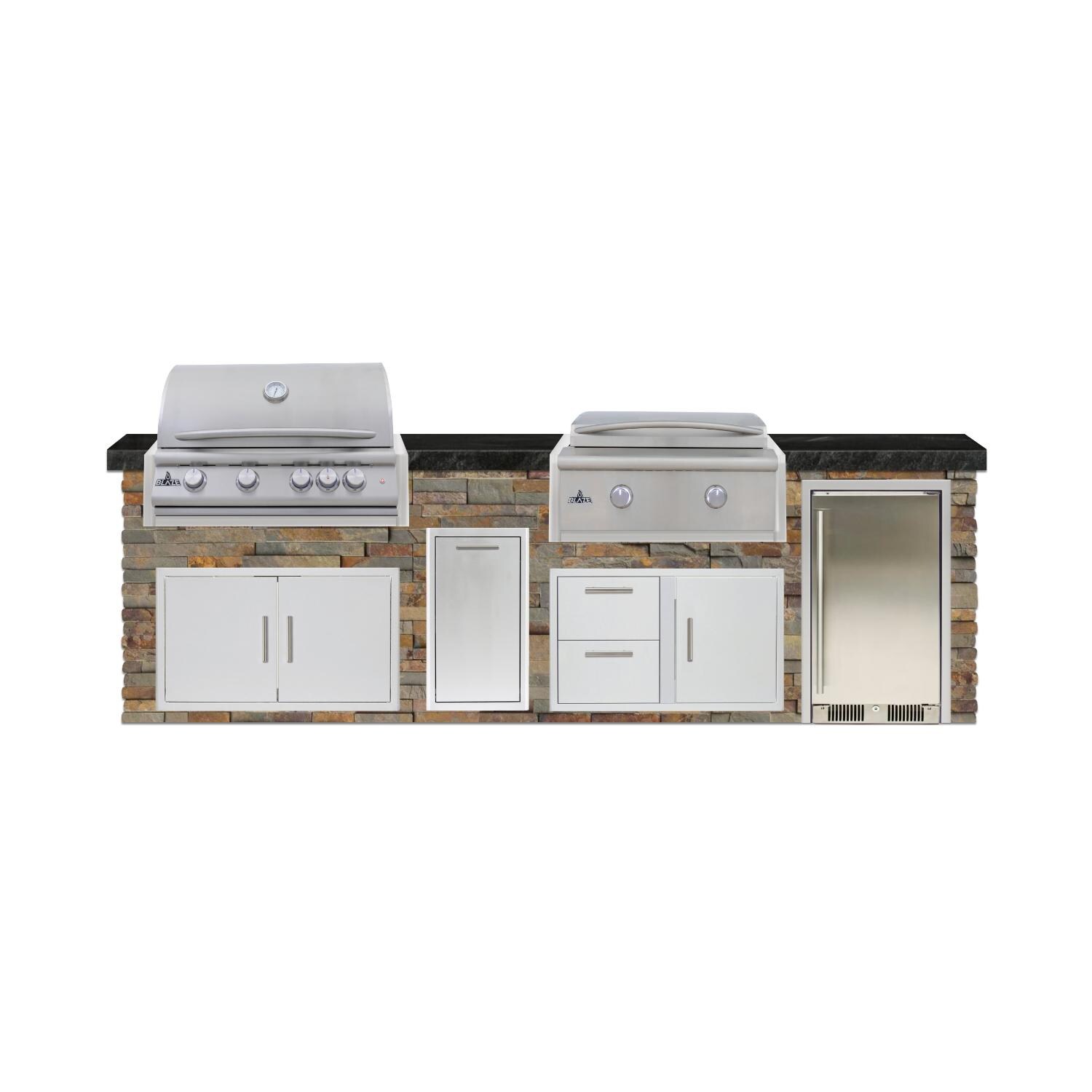 BBQGuys Signature 10 Ft Grill Island w/ 32 Inch Natural Gas Blaze Premium LTE+ Grill & Griddle, Narrow Trash Bin & Door & Drawer | Gold Rush w/ Black Granite - Front - White Background thumbnail