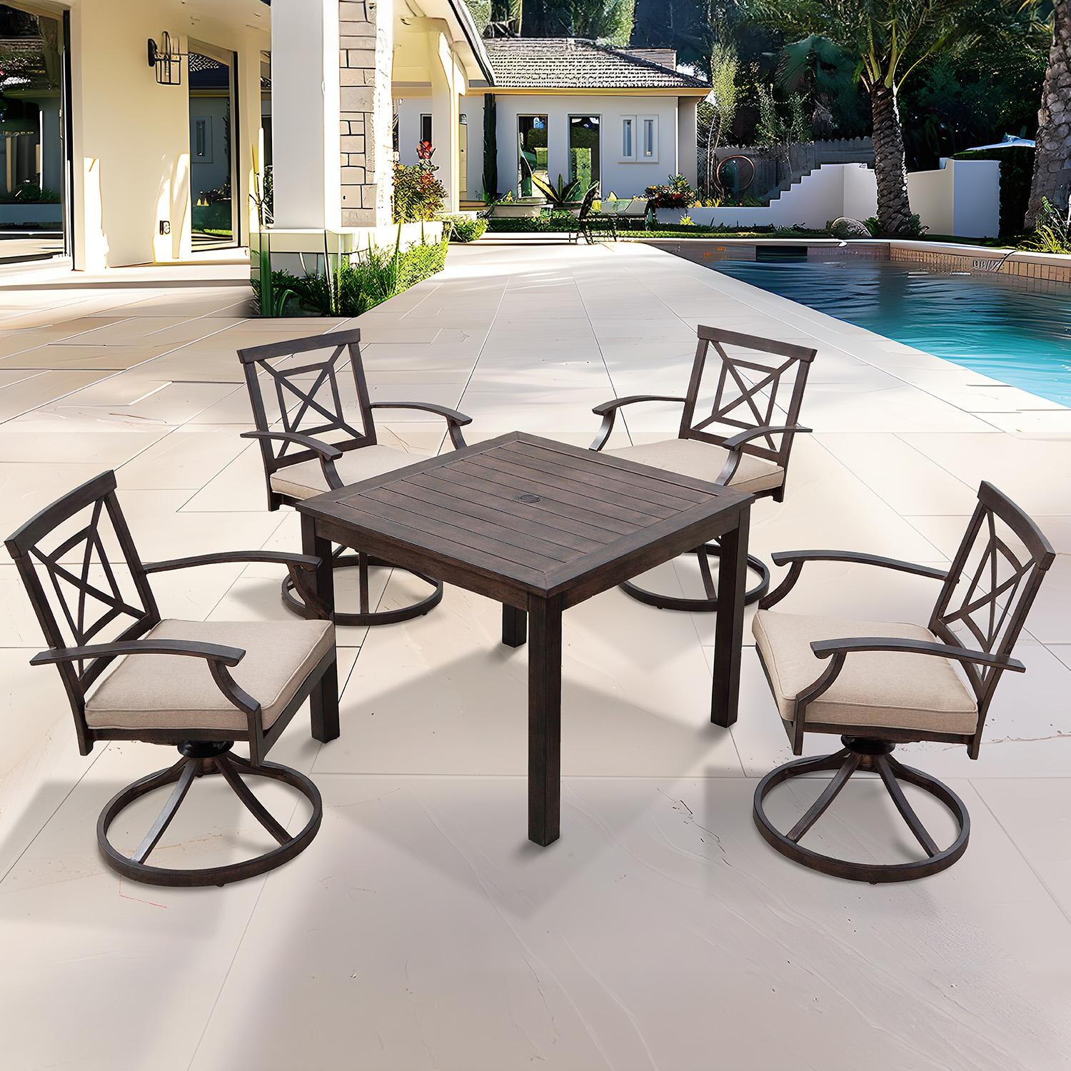 Atlantis 5 Pc Aluminum Dining Set w/ 37 Inch Table & Swivel Rockers in Walnut/Beige by Darlee