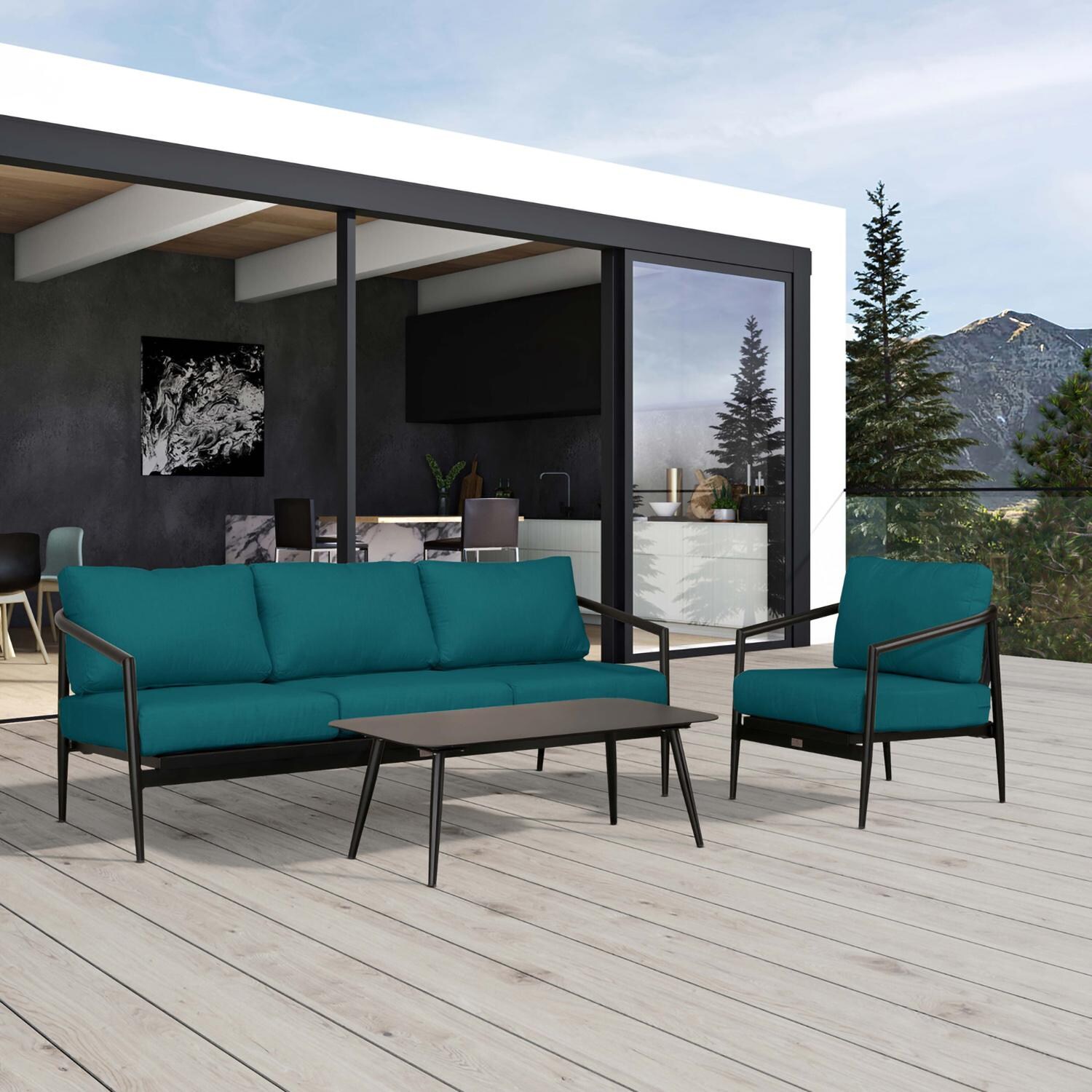 Lakeview Midnight Cove 3 Pc Aluminum Sofa Seating Set in Black/Carbon/Spectrum Peacock - Detail - Lifestyle thumbnail