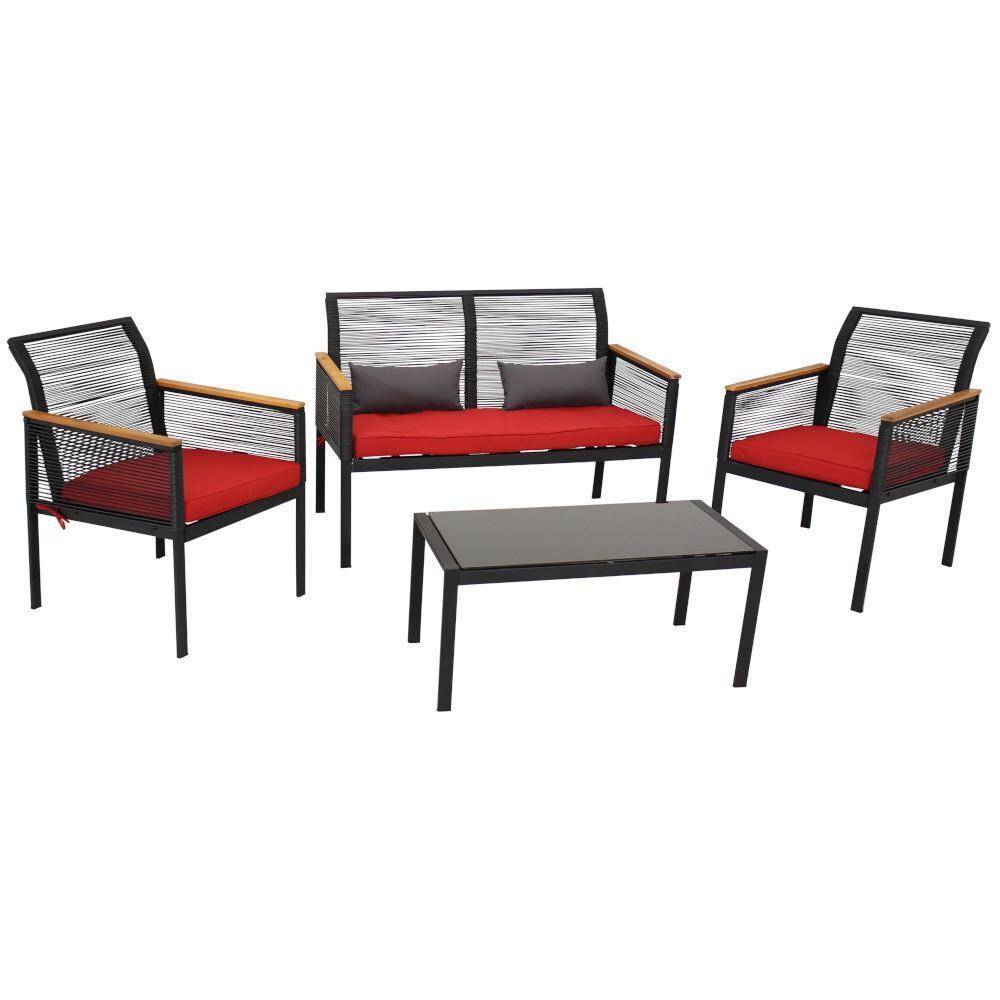 Ultimate Patio 4-Piece Black Resin Rattan W/ Red Cushions Outdoor Patio Furniture Set - Full Set - White Background thumbnail