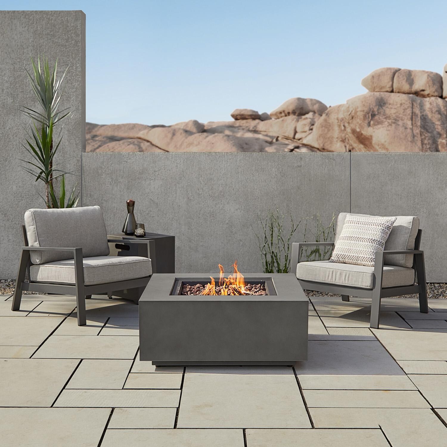 Elysian 4 Pc Powder Coated Steel 36 Inch Square Fire Pit in Weathered Slate by Lakeview - Side - Lifestyle thumbnail