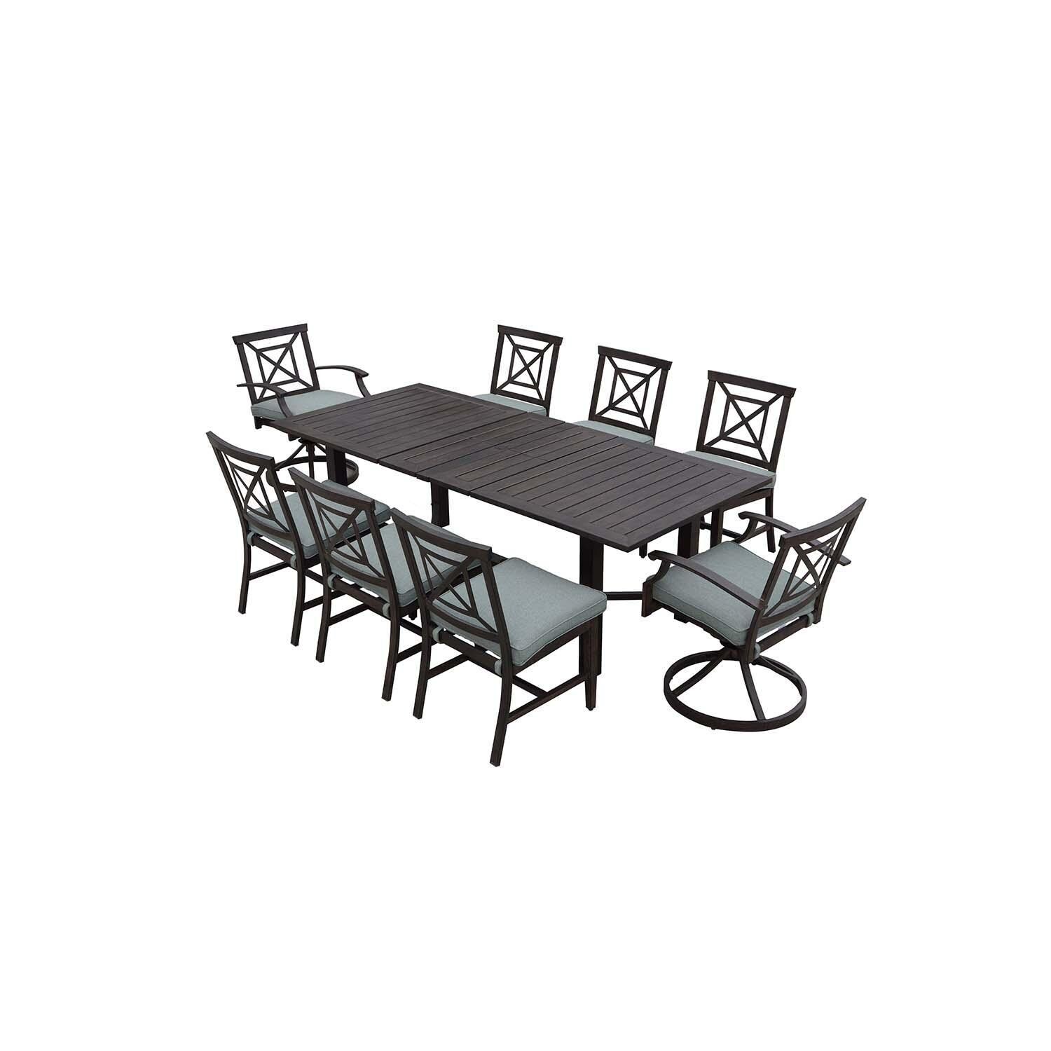 Atlantis 9 Pc Aluminum Dining Set w/ 91 Inch Table, Swivel Rockers, and Spa Cushions in Walnut By Darlee - Set - White Background thumbnail