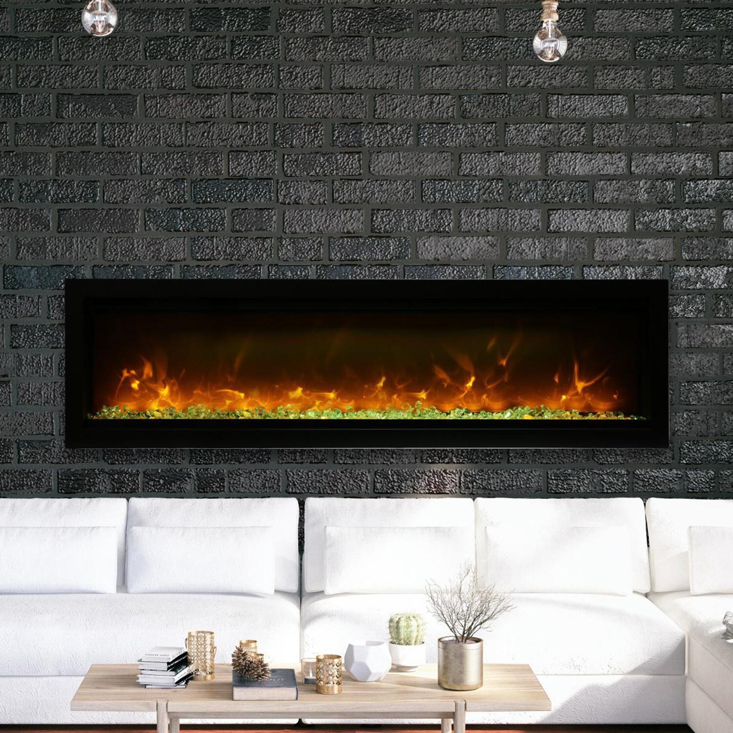 Amantii Symmetry Series 60-Inch Built-In Electric Fireplace with Black Steel Surround - ICE Media Kit - Indoor/Outdoor - SYM-60-B