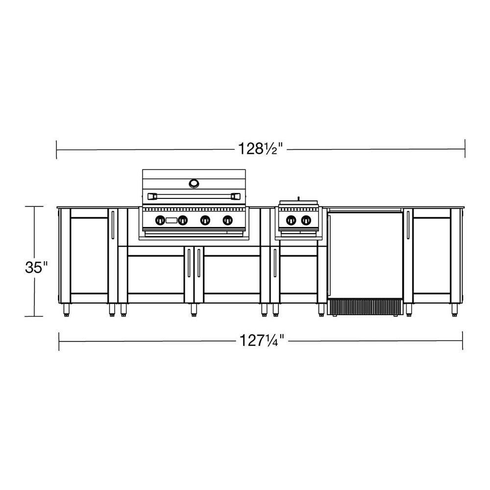WeatherStrong Nassau 10 1/2 Ft Outdoor Kitchen Island w/ Lynx Natural Gas Grill, Side Burner & Refrigerator in Shell White/Midnight Ice - Line Drawing - Dimensional thumbnail