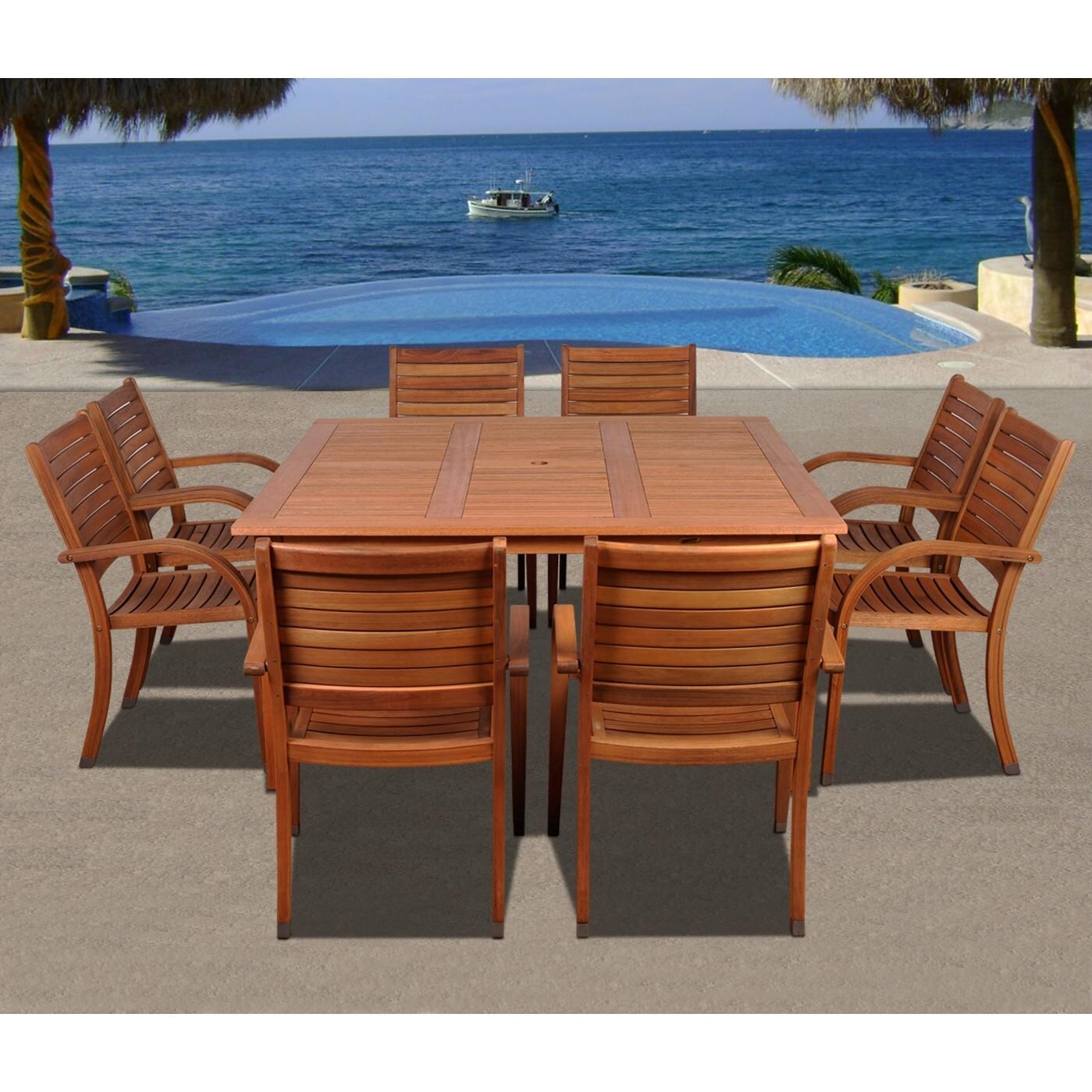 Amazonia Arizona 8-Person Eucalyptus Patio Dining Set With Stacking Chairs thumbnail