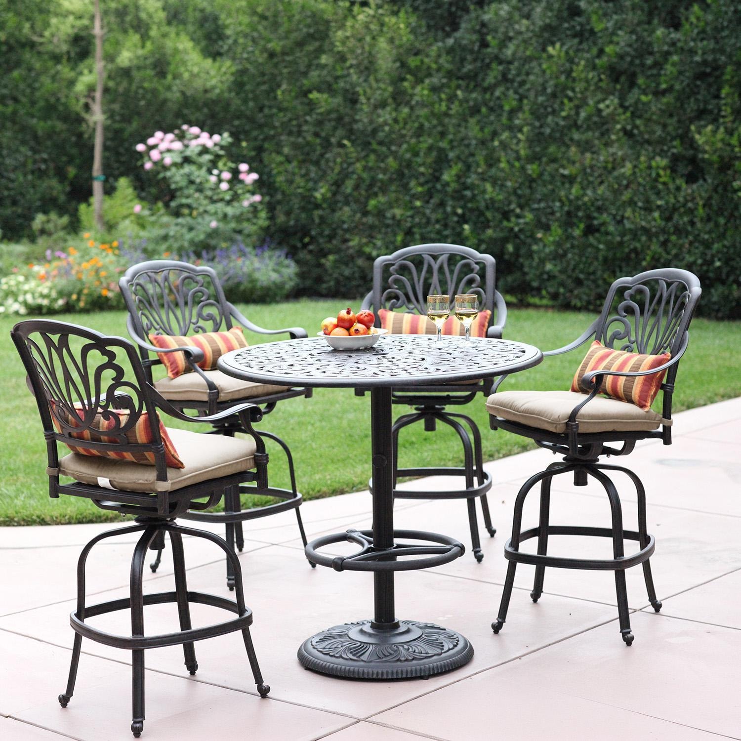 Elisabeth 5 Pc Cast Aluminum Bar Set w/ 42 Inch Round Series 80 Table in Antique Bronze/Beige Canvas by Darlee