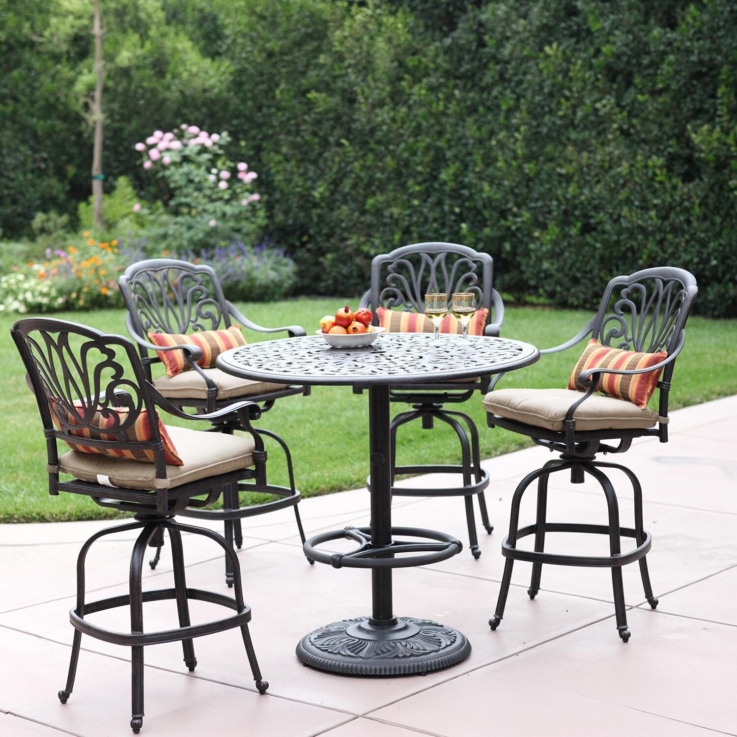 Darlee Elisabeth 5-Pc Cast Aluminum Bar Set w/ 42-Inch Round Table in Antique Bronze/Beige Canvas - Full Set - Lifestyle thumbnail