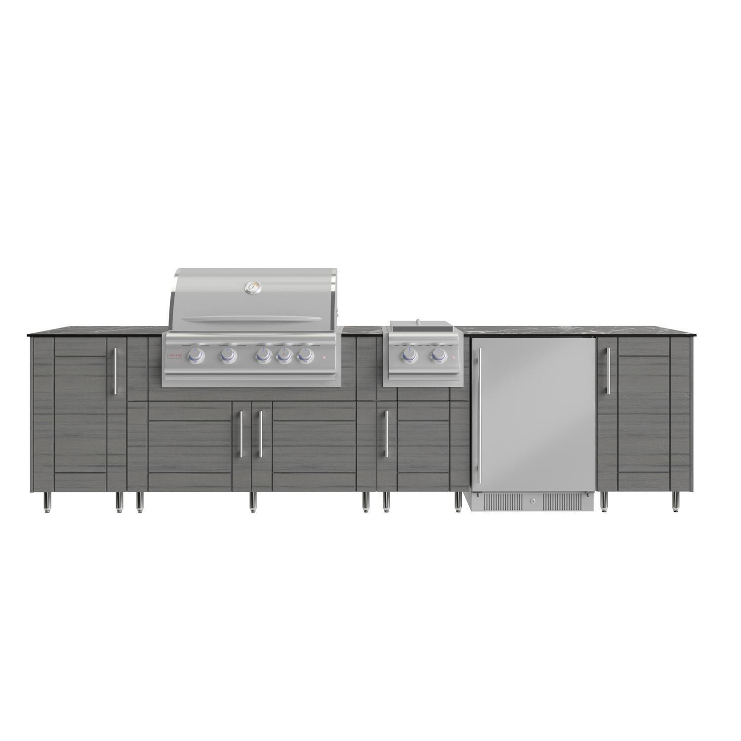 WeatherStrong Nassau 10 1/2 Ft Outdoor Kitchen Island w/ Blaze Propane Grill, Side Burner & Refrigerator in Dark Ash/Midnight Ice - Island - White Background thumbnail