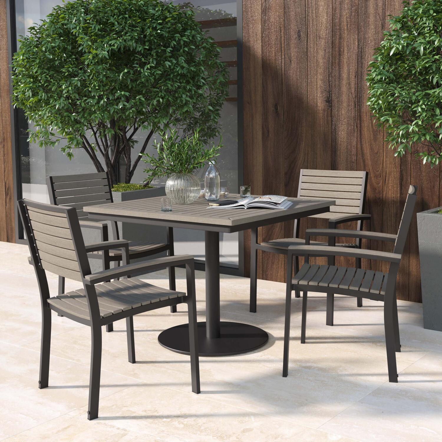 Oxford Garden Travira 5 Pc Aluminum Dining Set W/ Vintage Tekwood Slats, Arm Caps & Table Top in Carbon thumbnail
