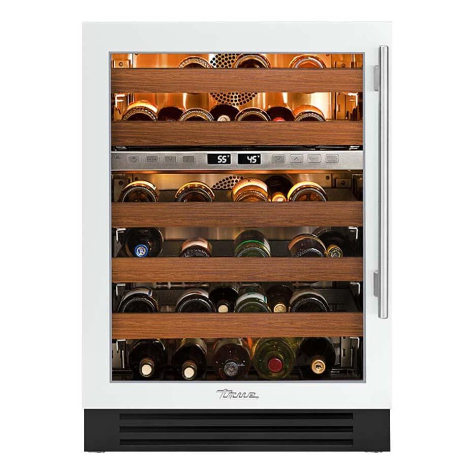 True TWC-24DZ-L-OG-C~DSK-030-H04 24 Inch 45 Bottle Left Hinge Glass Door Outdoor Dual Zone Wine Cabinet - Matte White w/ Stainless Steel Handle - White Background thumbnail