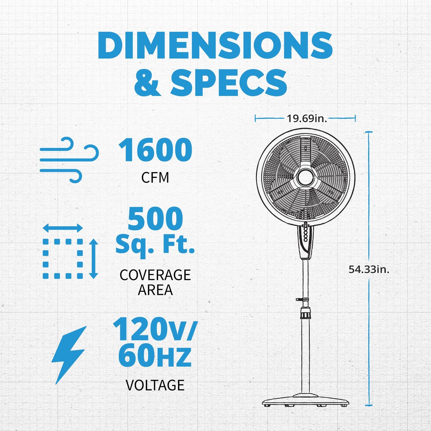 NewAir FMF2K5BK00 18-in Misting & Oscillating Pedestal Fan for Indoor & Outdoor w/ Adjustable Height & Head Tilt - 1600 CFM - Dims & Specs - Dimensional thumbnail
