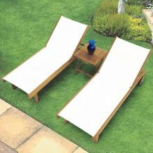 Sundaze 3 Piece Teak Patio Chaise Lounge Set W/ 20 Inch Square Folding Side Table By Royal Teak Collection - White Sling image
