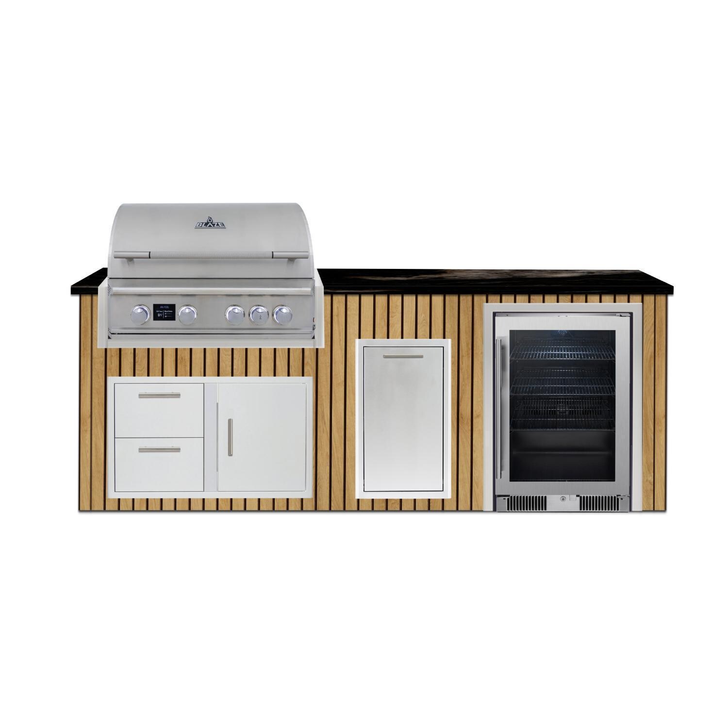 BBQGuys Signature 8 Ft Outdoor Kitchen Island w/ 32-in Blaze LTE PRO Propane Grill, 20-in Beverage Center & Narrow Tash Bin | Sun Bleached Oak w/ Nero Mist Granite